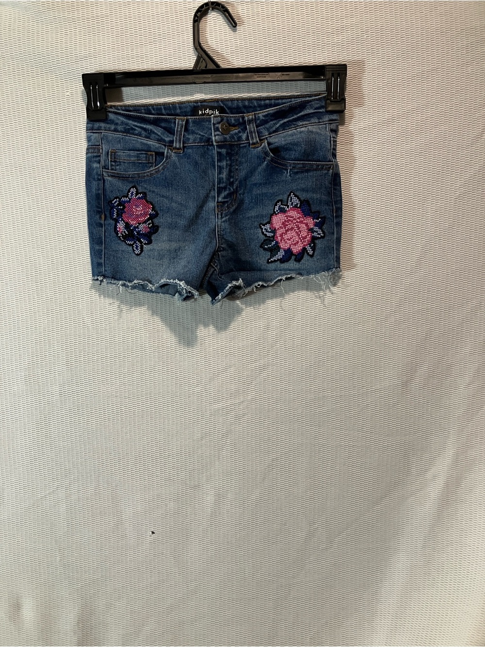 kidpik Dark Blue Denim Shorts with Pink Floral Sequin Patches - Picture 10 of 10